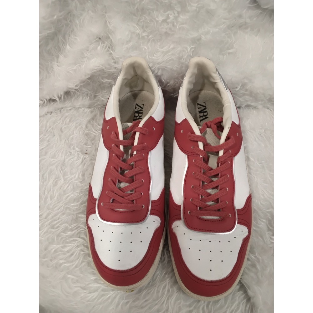 ZARA‎ Mens Red White Leather Perforated Lace Up Sneakers Size 10